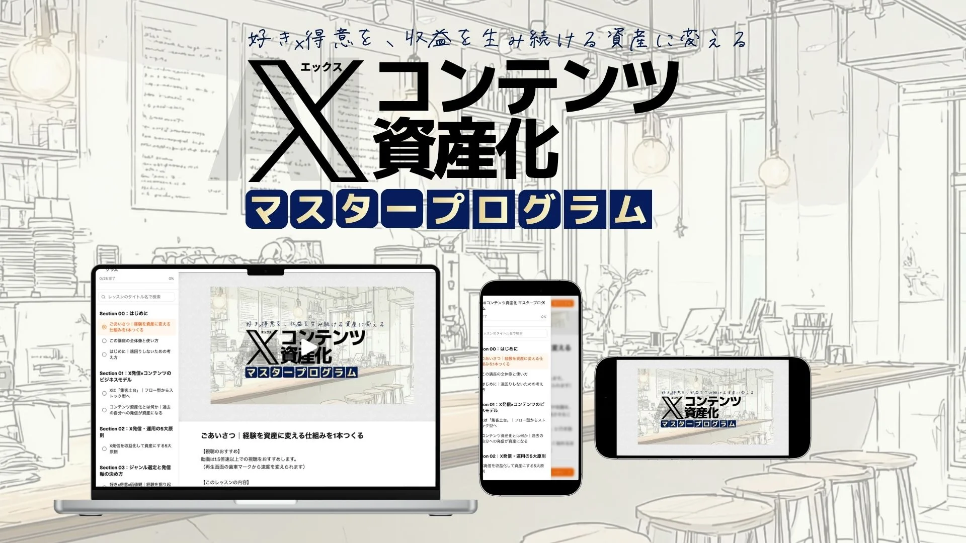 AI×Xコンテンツ資産化 マスタープログラムの講座画面（パソコン・スマホで受講できます）